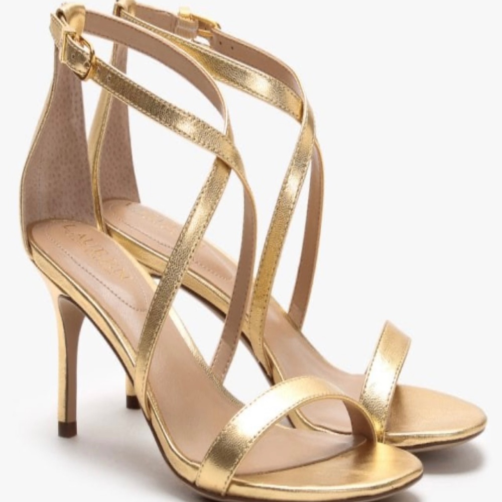 LAUREN RALPH LAUREN Leaton Gold Leather Cross Strap Sandals